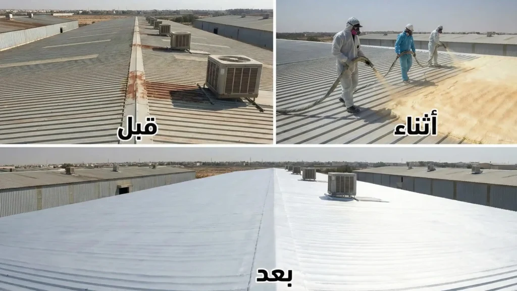 عزل سطح مستودع بالمدينة المنورة تنظيف السطح المعدني للمستودع بشكل كامل.رش طبقة متجانسة من فوم البولي يوريثان بسمك 4 سم، والتي توفر عزل حراري و عزل مائي في خطوة واحدة thanks to خصائصها المزدوجة. التأكد من تغطية جميع الزوايا والفواصل حول الوحدات الميكانيكية بشكل محكم.