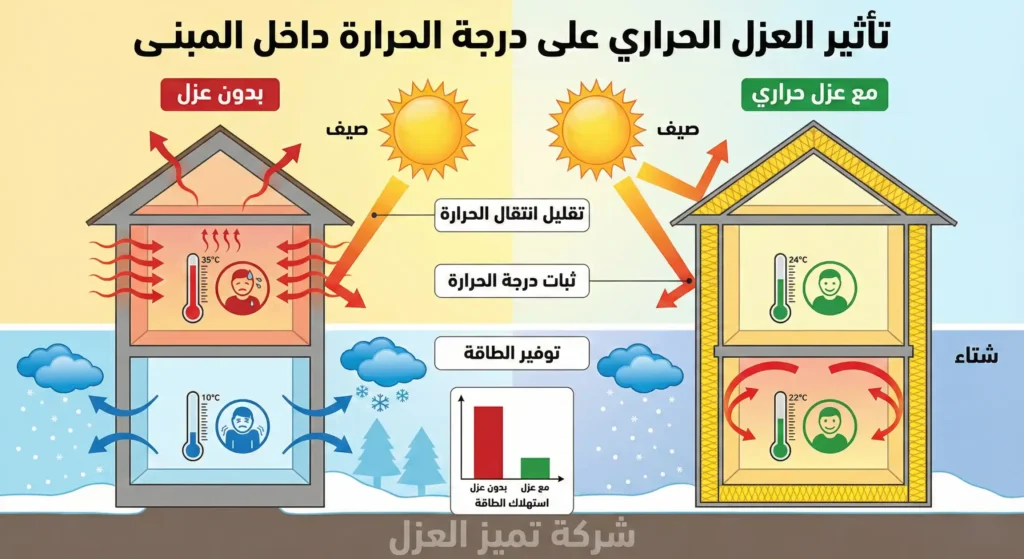 شركة عزل اسطح بمهد الذهب | أقوى عروض ضمان 10سنوات +فحص مجاني 2 انفوجراف يوضح فوائد العزل الحراري في السيطرة على درجات الحرارة