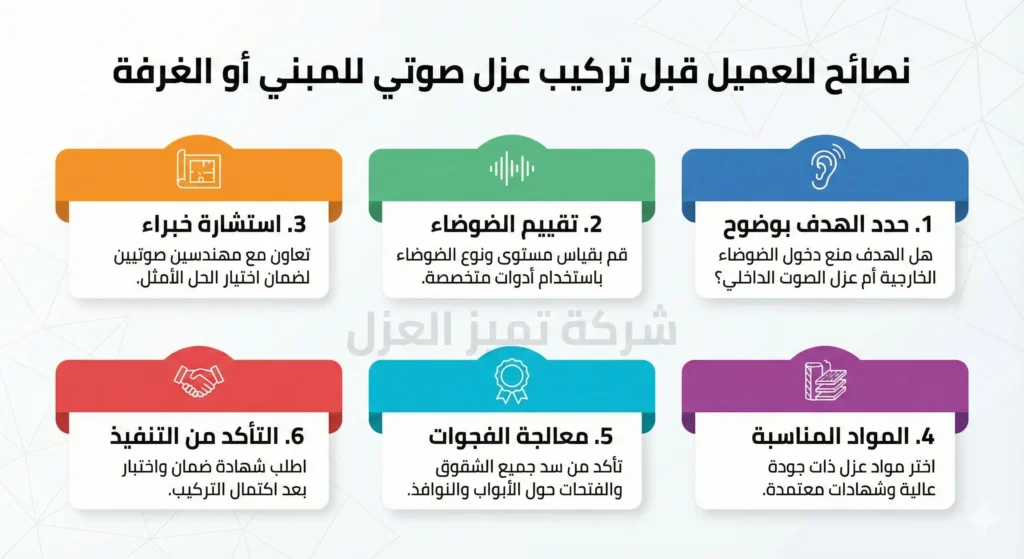 شركة عزل اسطح بمهد الذهب | أقوى عروض ضمان 10سنوات +فحص مجاني 8 انفوجرافيك نصائح قبل تركيب اي عزل صوتي بمهد الذهب