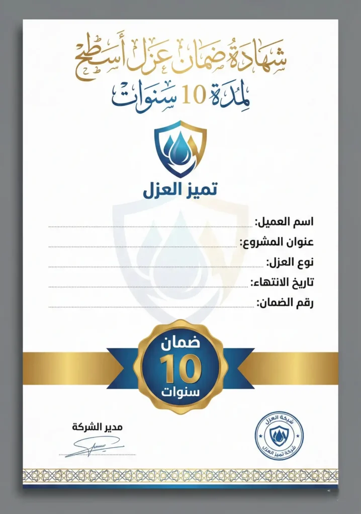 شركة عزل اسطح بمهد الذهب | أقوى عروض ضمان 10سنوات +فحص مجاني 3 نموذج شهادة ضمان 10 سنوات على عزل الاسطح من شركة عزل الاسطح بمهد الذهب تميز العزل