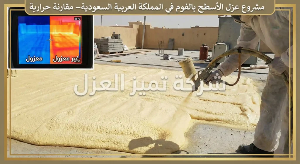 شركة عزل اسطح بمهد الذهب | أقوى عروض ضمان 10سنوات +فحص مجاني 5 صورة مقربة لسطح أثناء عملية رش الفوم تظهر توسع الرغوة
